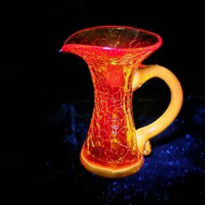 Vintage Amber Crackle Glass Miniature Pitcher Vase With Handle Amberina UV React